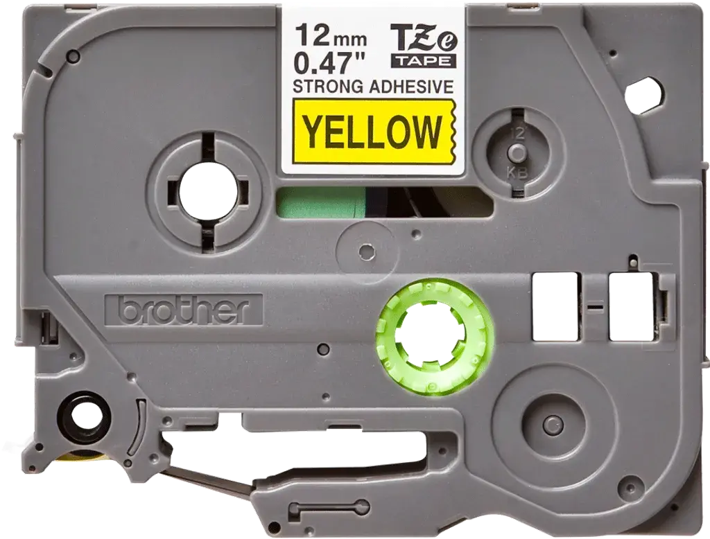 TZeS631. Cinta BROTHER E-P 12mm Negro en Amarillo 8mt p/PT-H110 Extra-Pegamento