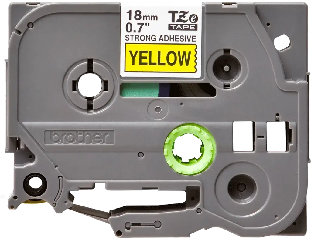 TZeS641. Cinta BROTHER E-P 18mm Negro en Amarillo 8mt p/PT-E300VP/D600VP Extra Pegamento