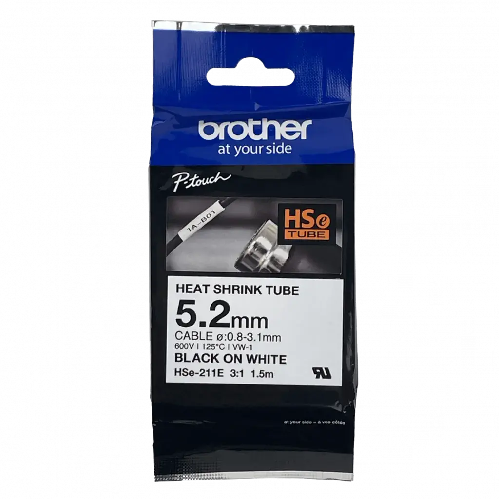 HSe211e. Tubo BROTHER 5,2mm Termo retráctil 0,8-3,1mm Negro en Blanco de 1,5m