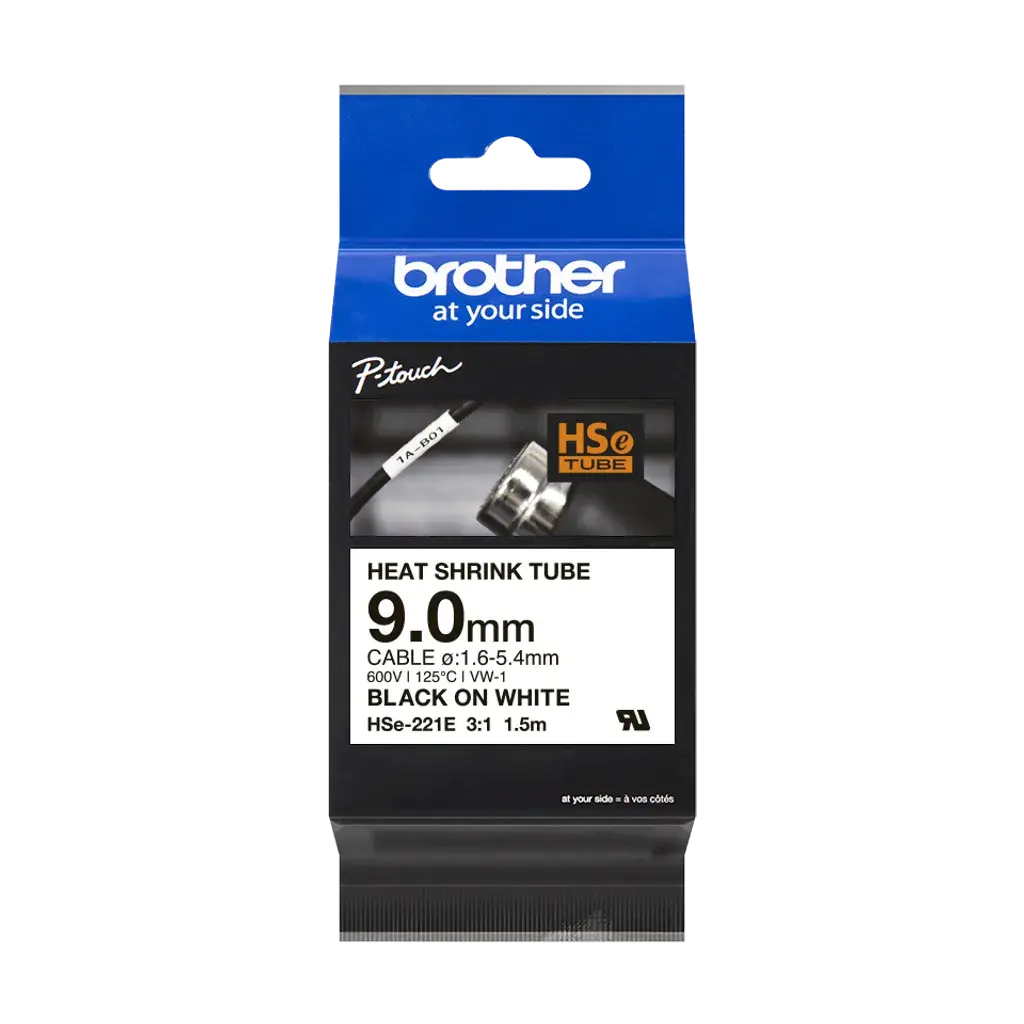 HSe221e. Tubo BROTHER 9mm Termo retráctil 1,6-5,4mm Negro en Blanco de 1,5mt