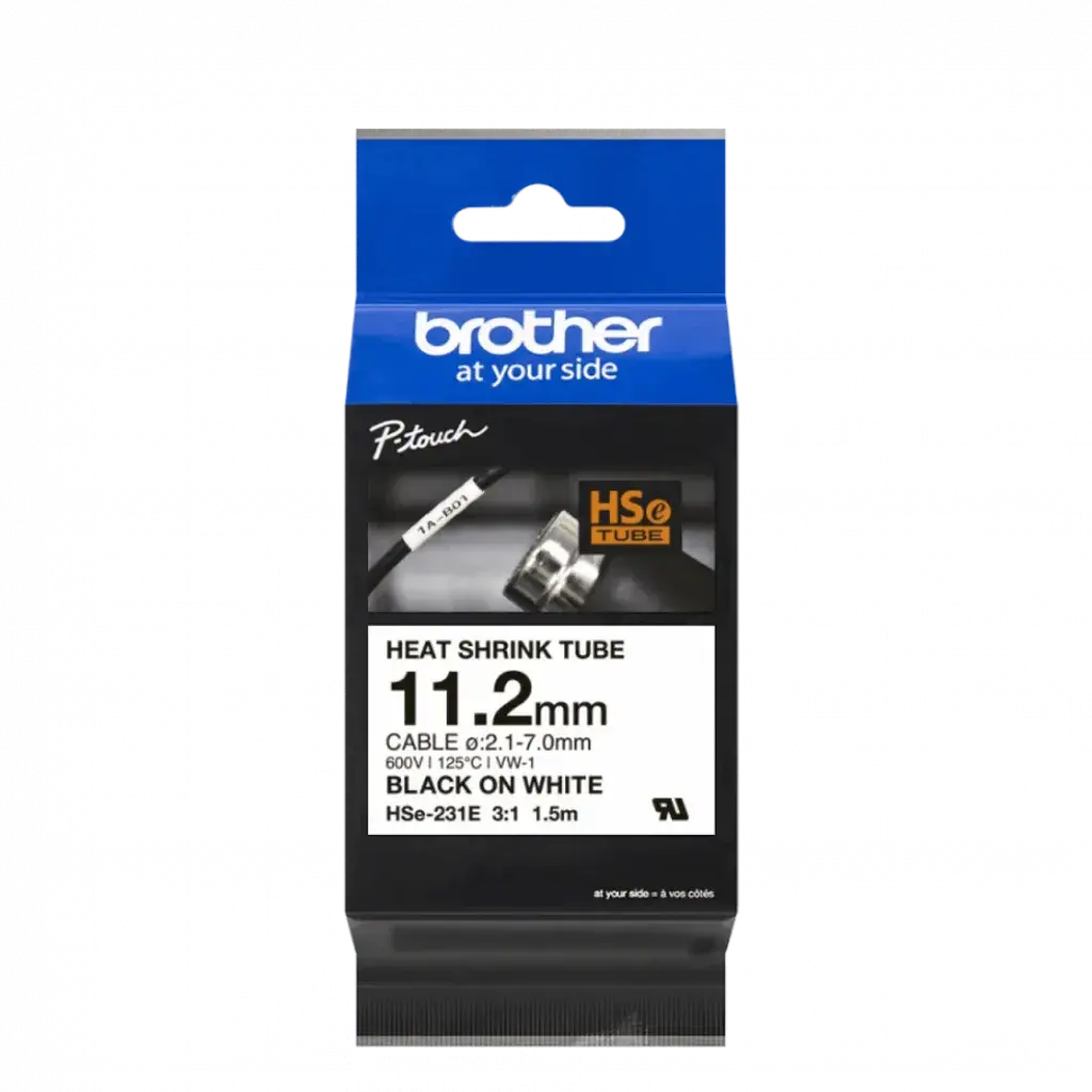 HSe231e. Tubo BROTHER 11,2mm Termo retráctil 2,1-7,0mm Negro en Blanco de 1,5mt