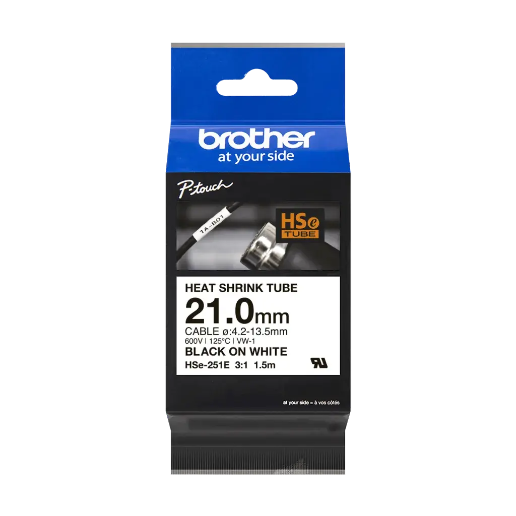 HSe251e. Tubo BROTHER 23,6mm Termo retráctil 7,3-14,3mm Negro en Blanco de 1,5mt