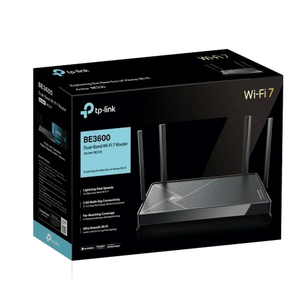 Archer BE230. Router Wifi 7 doble banda BE3600 throughput máximo de 3.6 Gbps 2 puertos 2.5 Gbps 3 puertos 1 Gbps.