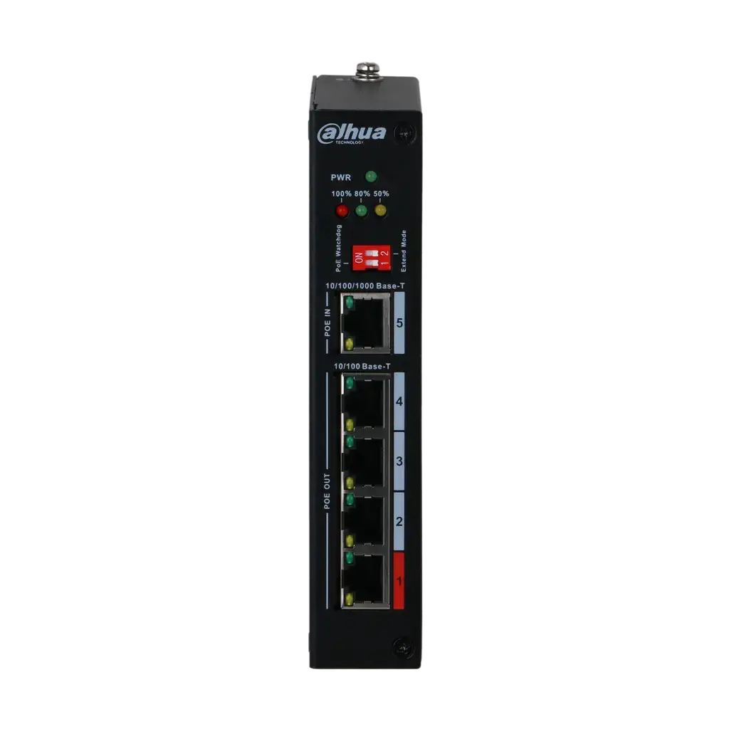DH-PFT1500. Extensor PoE Dahua de 5Puertos 4 puertos 100 Mbps de salida de PoE y 1 Puerto 1000 Mbps de Entrada PoE, a riel din