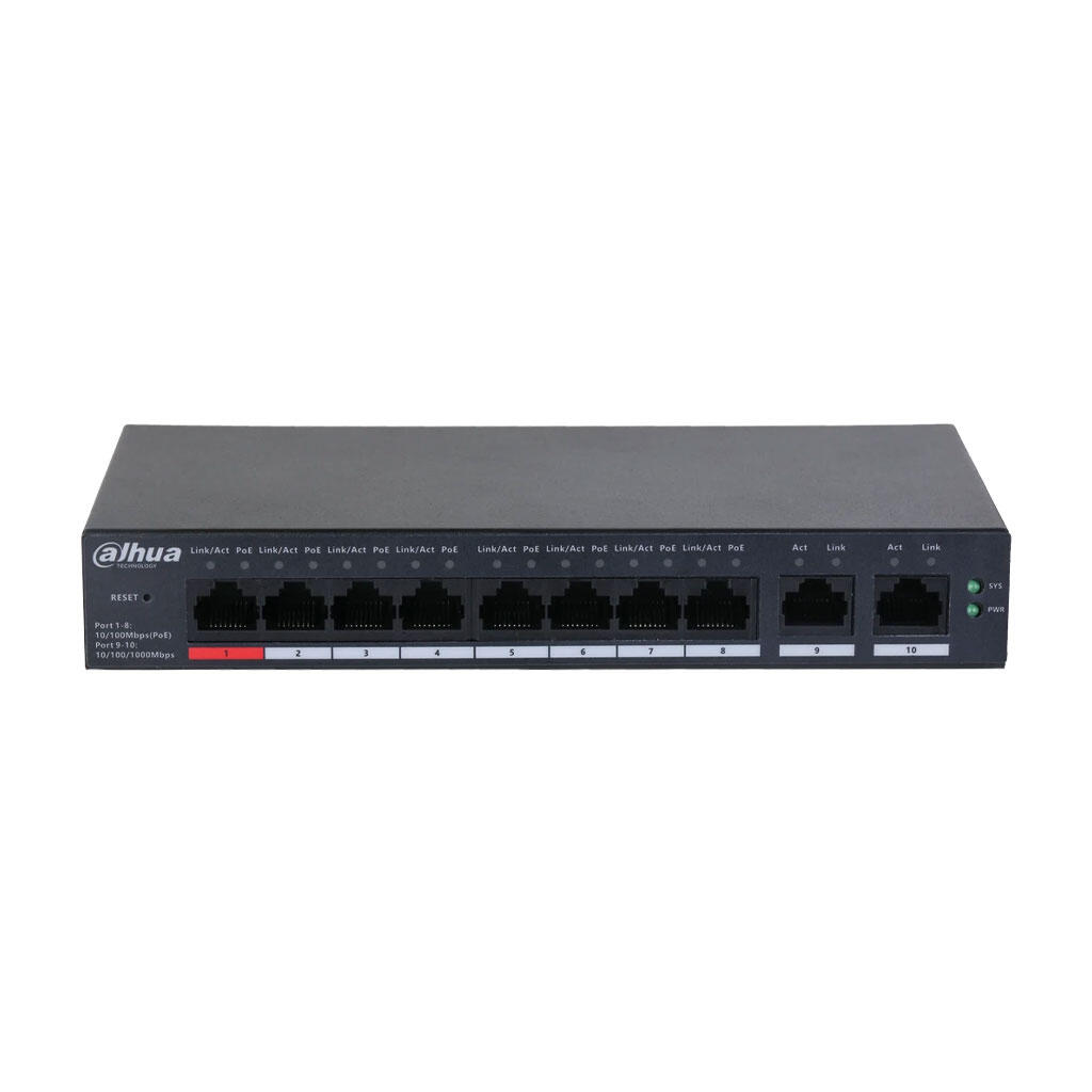 DH-CHS4110-8ET-90-F. Switch Dahua industrial, Puertos del 1-8 10/100 PoE 90 W y 9-10 10/100/1000, Layer 2 con administracion en nube, IP30 y IK06. 