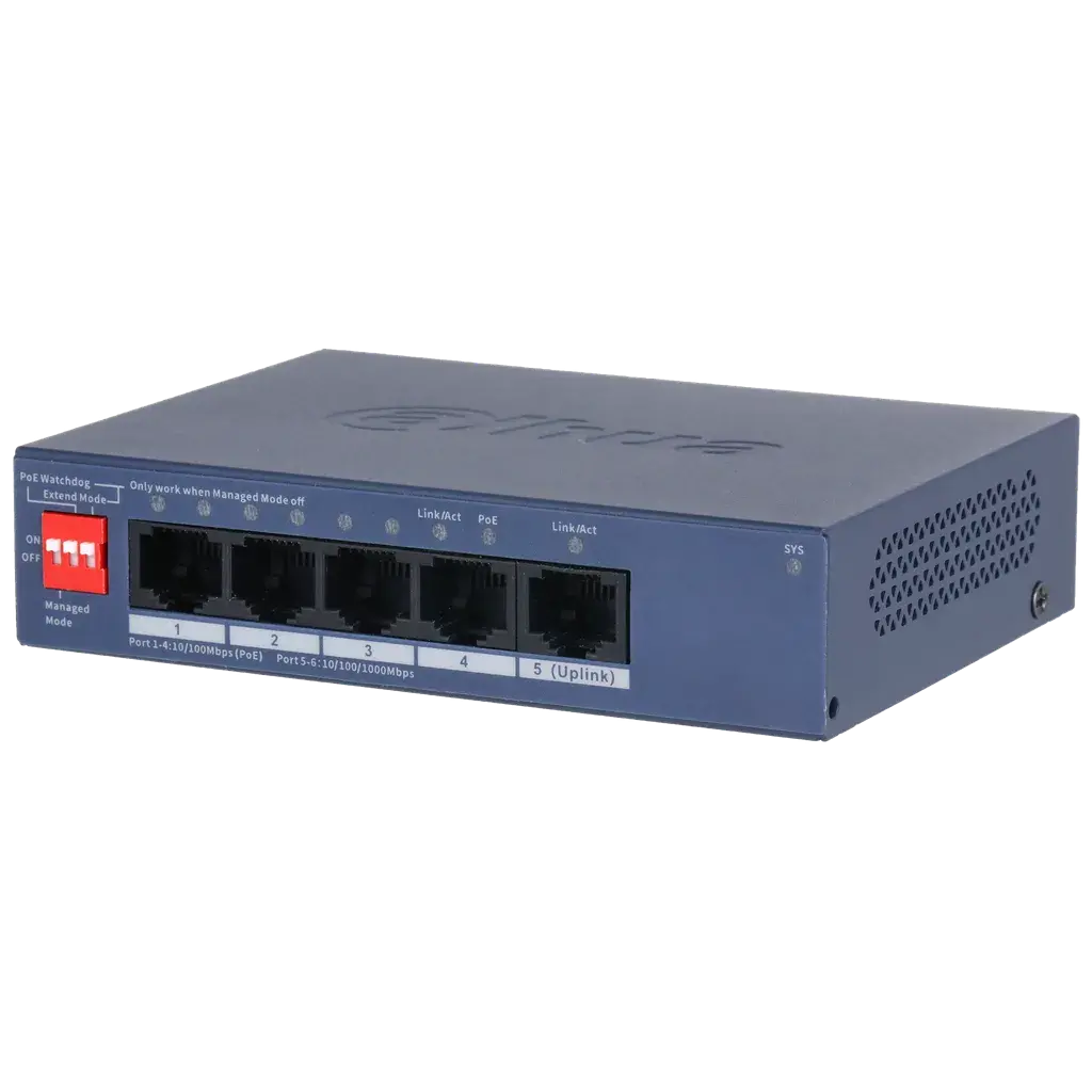 DH-CS4005-4ET1GT-36. Switch Dahua de 5 Puertos administrado por cloud 4 puertos 10/100 Mbps PoE 1 puerto 10/100/1000 Mbps soporta 36 Watt máximo.